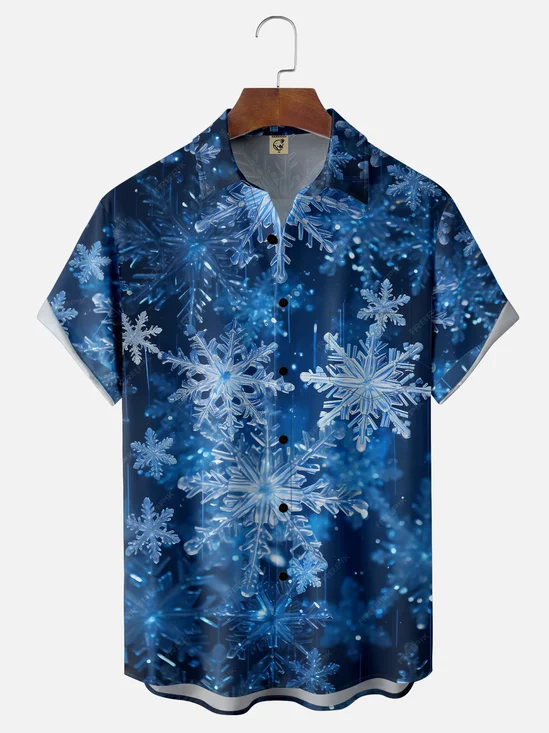 Moisture-wicking Christmas New Year Snowflake Chest Pocket Casual Shirt