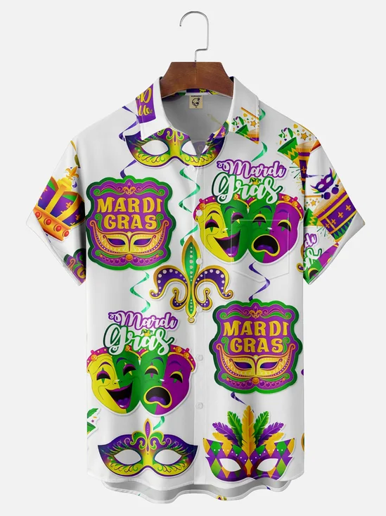 Moisture-wicking Mardi Gras Mask Fleur de Lis Celebration Chest Pocket Casual Shirt