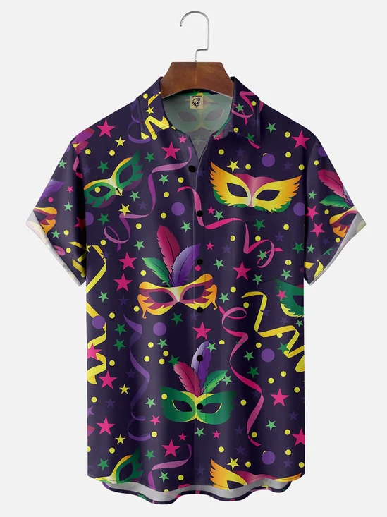 Mens Mardi Gras Carnival Masks Print Casual Breathable Short Sleeve Hawaiian Shirts