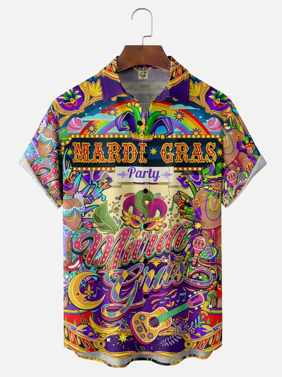 Moisture-wicking Mardi Gras Mask Guitar Chest Pocket Casual Shirt
