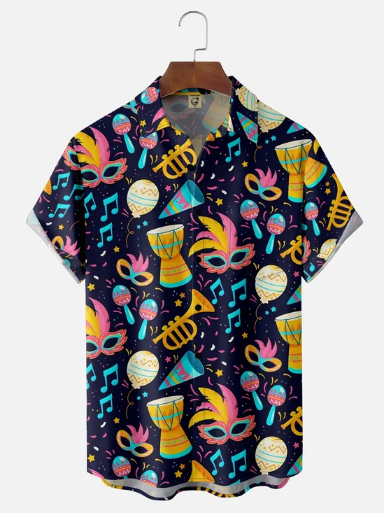 Mens Mardi Gras Carnival Masks Music Guitar Print Casual Breathable Short Sleeve Hawaiian Shirts