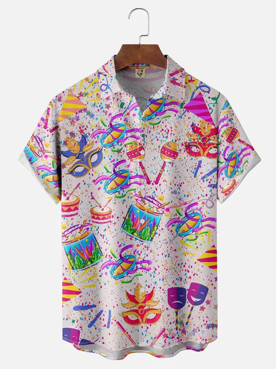 Moisture-wicking Mardi Gras Mask Musical Instrument Chest Pocket Casual Shirt