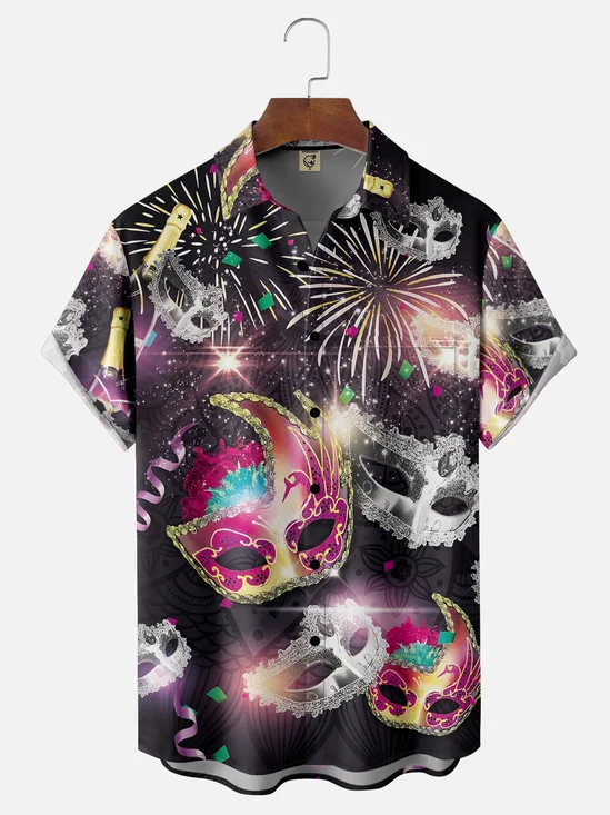 Mens Mardi Gras Carnival Masks Print Casual Breathable Short Sleeve Hawaiian Shirts