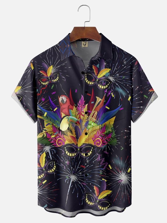 Mens Mardi Gras Carnival Masks Print Casual Breathable Short Sleeve Hawaiian Shirts