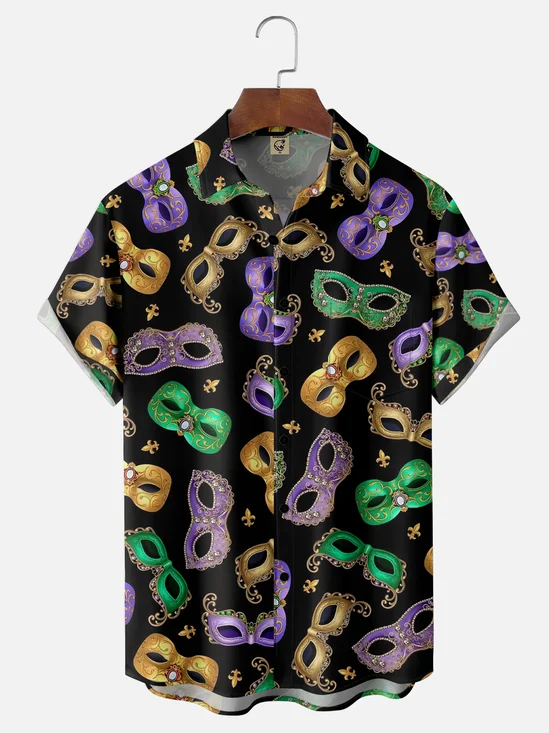 Mens Mardi Gras Carnival Masks Print Casual Breathable Short Sleeve Hawaiian Shirts