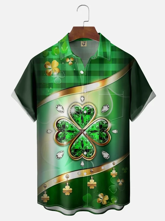 Moisture-wicking St. Patrick's Day Crystal Clover Chest Pocket Hawaiian Shirt