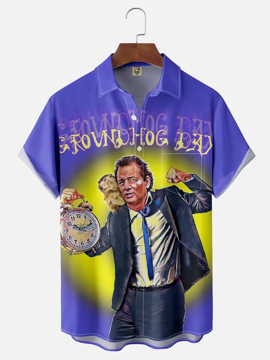 Moisture-wicking Groundhog Day Art Illustration Purple Chest Pocket Hawaiian Shirt