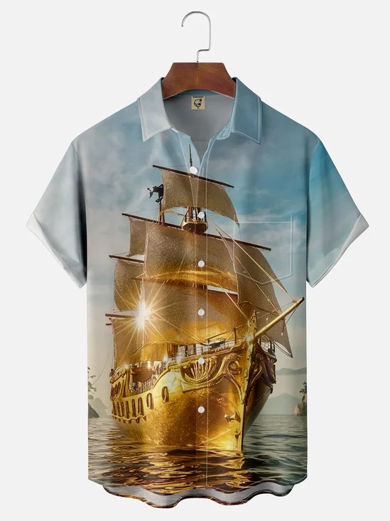 Moisture-wicking Ocean Gold Sailboat Chest Pocket Hawaiian Shirt