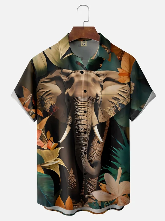Moisture-wicking Vintage Rainforest Elephant Art Chest Pocket Hawaiian Shirt