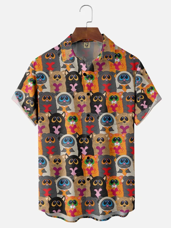 Moisture Wicking Valentine's Day Cat Heart Chest Pocket Casual Shirt