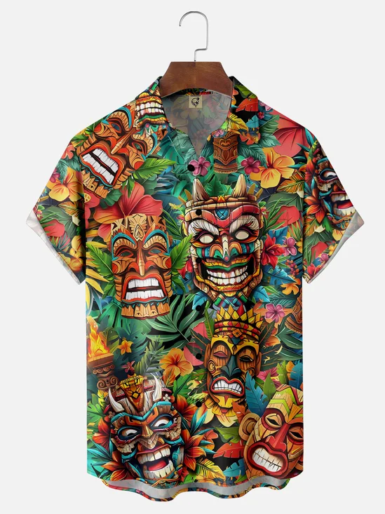 Moisture-wicking Tiki Floral Chest Pocket Hawaiian Shirt