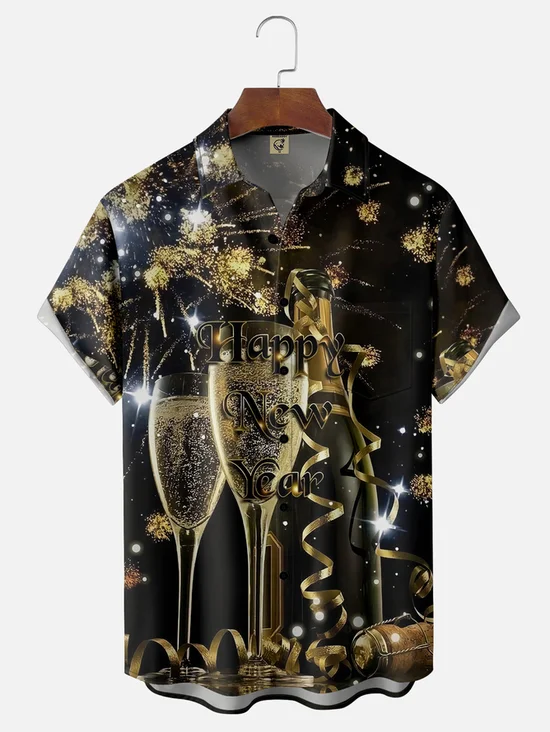Tall Size Moisture-wicking Happy New Year Fireworks Champagne Chest Pocket Casual Shirt