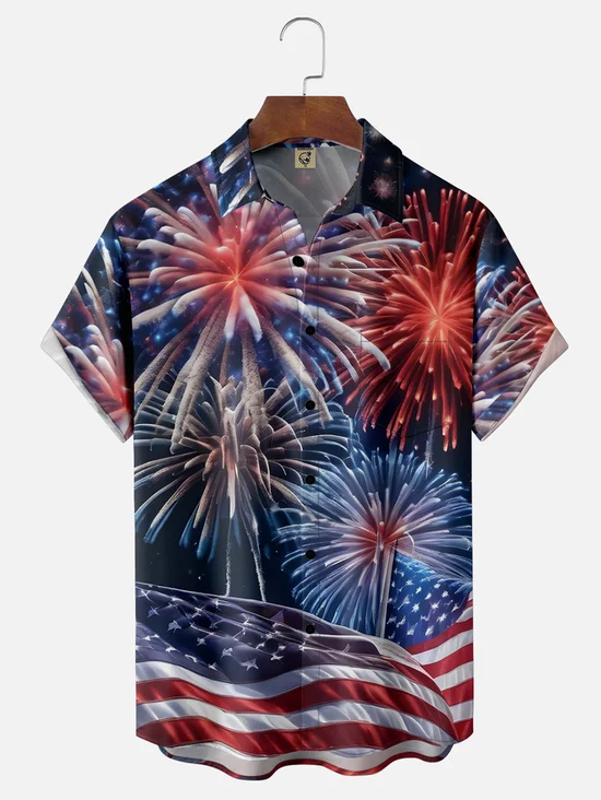 Tall Size Moisture-wicking Happy New Year Fireworks Chest Pocket Casual Shirt