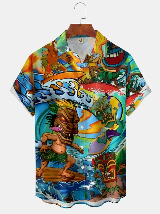 Moisture-wicking TIKI Surf Art Chest Pocket Hawaiian Shirt