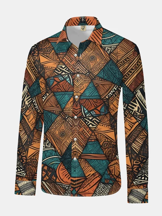 Vintage Patchwork Print Long Sleeve Casual Dress Shirt