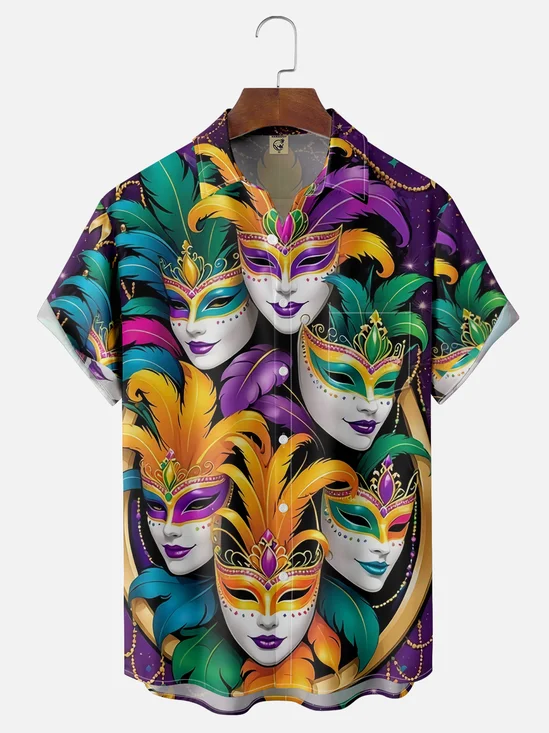 Moisture Wicking Mardi Gras Mask Chest Pocket Casual Hawaiian Shirt