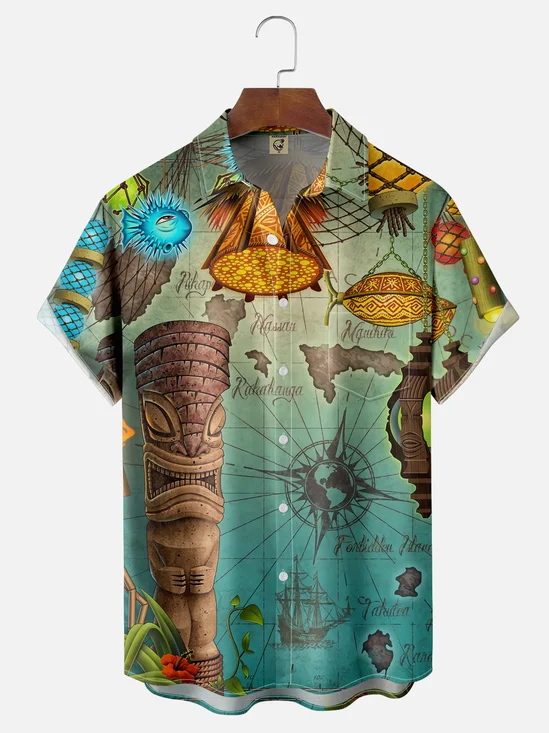 Moisture Wicking Hawaiian Tiki Chest Pocket Casual Shirt