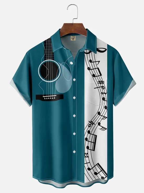 Moisture Wicking Music Guitar Notes Chest Pocket Casual Bowling Shirt