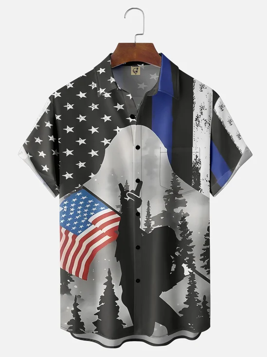 Moisture Wicking American Flag Bigfoot Mask Chest Pocket Casual Hawaiian Shirt
