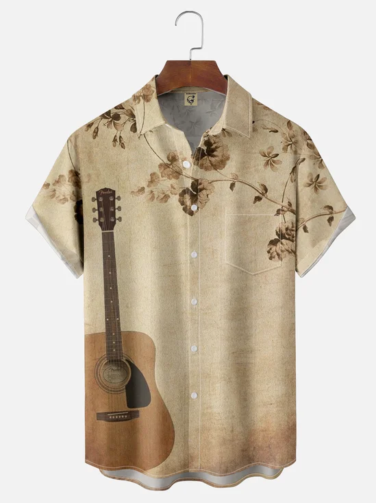 Moisture Wicking Music Guitar Notes Chest Pocket Casual Shirt
