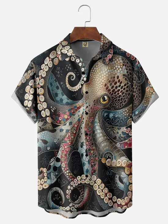 Moisture Wicking Hawaiian Octopus Chest Pocket Casual Shirt