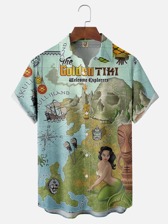 Moisture Wicking Hawaiian Tiki Mermaid Chest Pocket Casual Shirt