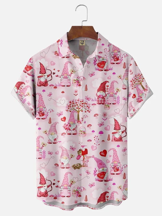 Moisture-wicking Valentine's Day Heart Gnome Chest Pocket Casual Shirt
