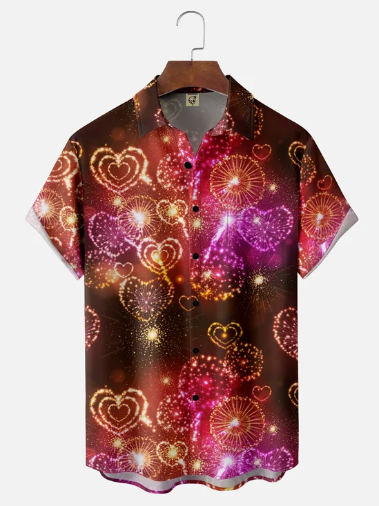 Moisture-wicking Valentine's Day Heart Fireworks Chest Pocket Casual Shirt