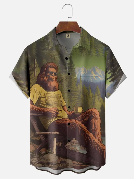 Moisture-wicking Bigfoot Forest Vacation Chest Pocket Hawaiian Shirt