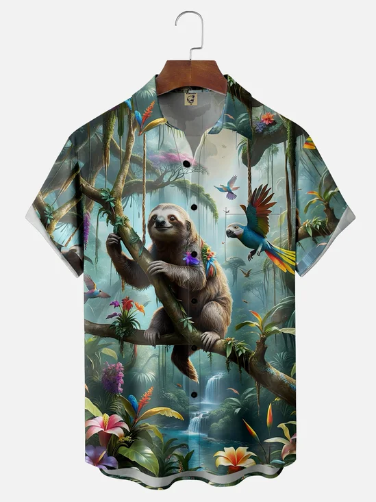 Moisture-wicking Animal Sloth Parrot Chest Pocket Hawaiian Shirt