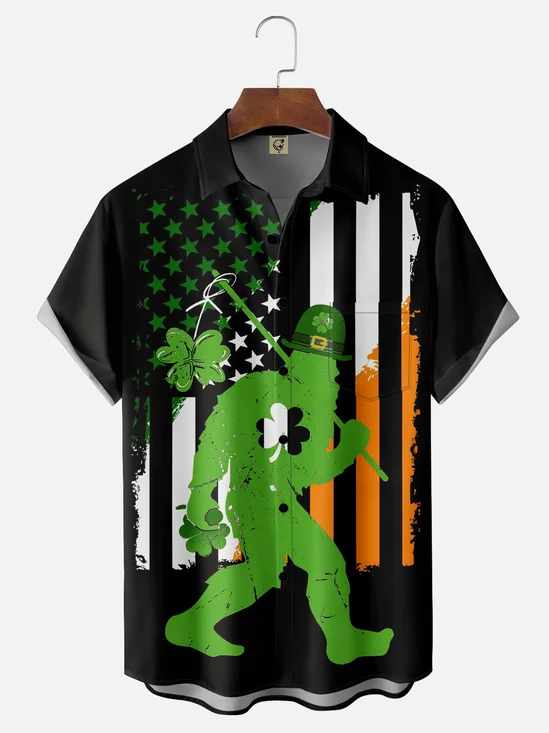 Moisture-wicking St. Patrick's Day Bigfoot Shamrock Flag Chest Pocket Casual Shirt