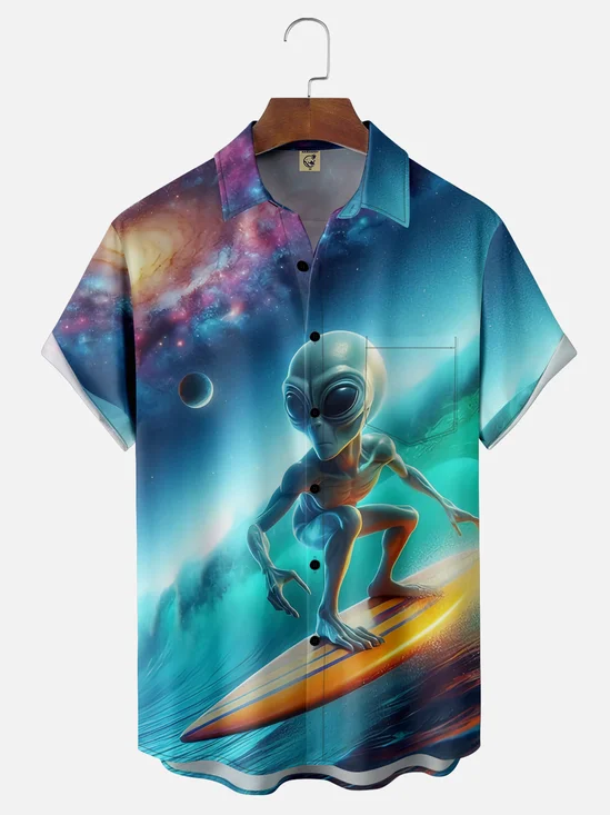 Moisture-wicking UFO Alien Surfing Chest Pocket Hawaiian Shirt