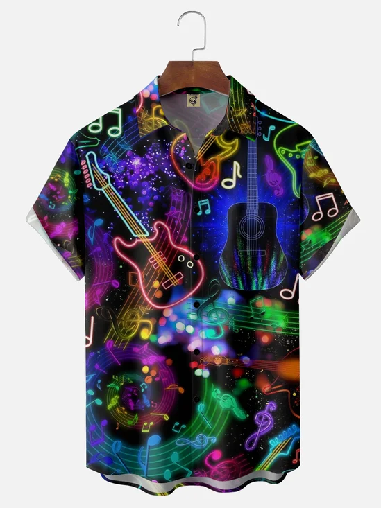 Moisture-wicking Music Instrument Guitar Notes Chest Pocket Casual Shirt