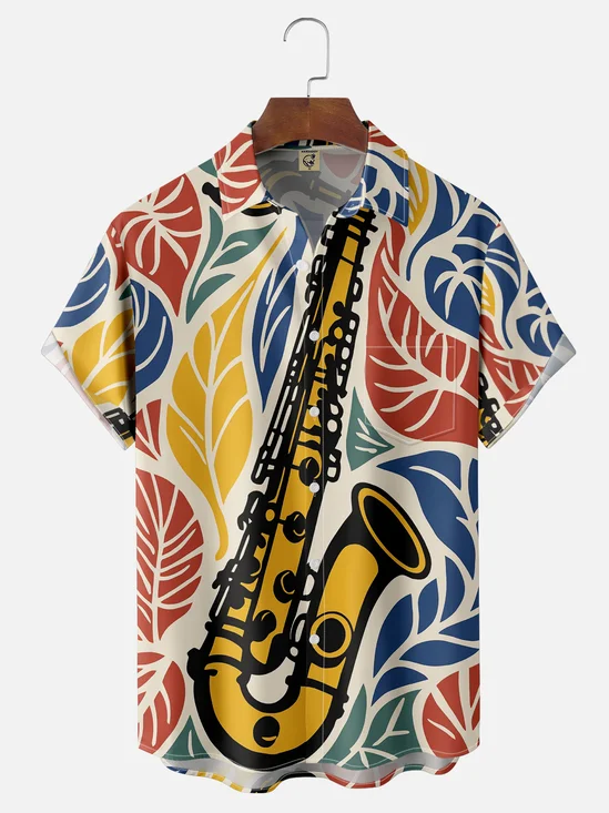 Moisture-wicking Music Saxophone Chest Pocket Hawaiian Shirt