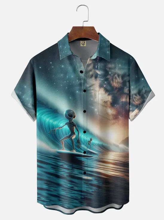 Moisture-wicking UFO Alien Surfing Chest Pocket Hawaiian Shirt