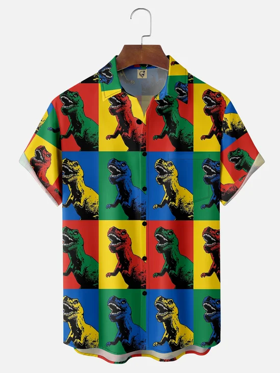 Moisture-wicking Dinosaurs Multi -Color Stitching Chest Pocket Casual Shirt