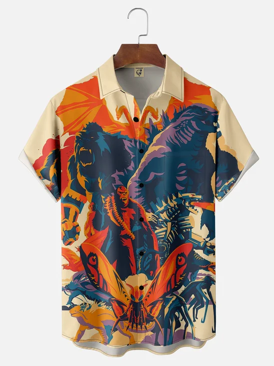 Moisture-wicking Cartoon Poster Monster Chest Pocket Casual Shirt