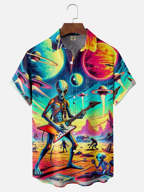 Moisture-wicking UFO Rock Guitar Chest Pocket Casual Shirt