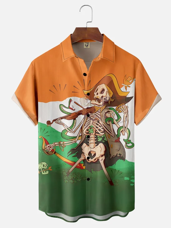 Moisture-wicking St. Patrick's Day Skull Clover Snake Violin Chest Pocket Casual Shirt