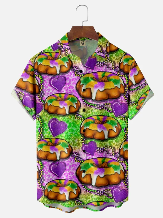 Moisture-wicking Mardi Gras King Cake Heart Contrast Color Chest Pocket Casual Shirt