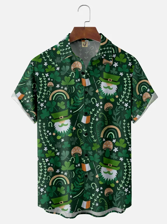 Moisture-wicking St. Patrick's Day Gnome Shamrock Mushrooms Chest Pocket Casual Shirt