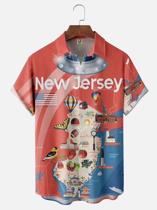 Moisture-wicking New Jersey Alien Spacecraft Map Chest Pocket Casual Shirt