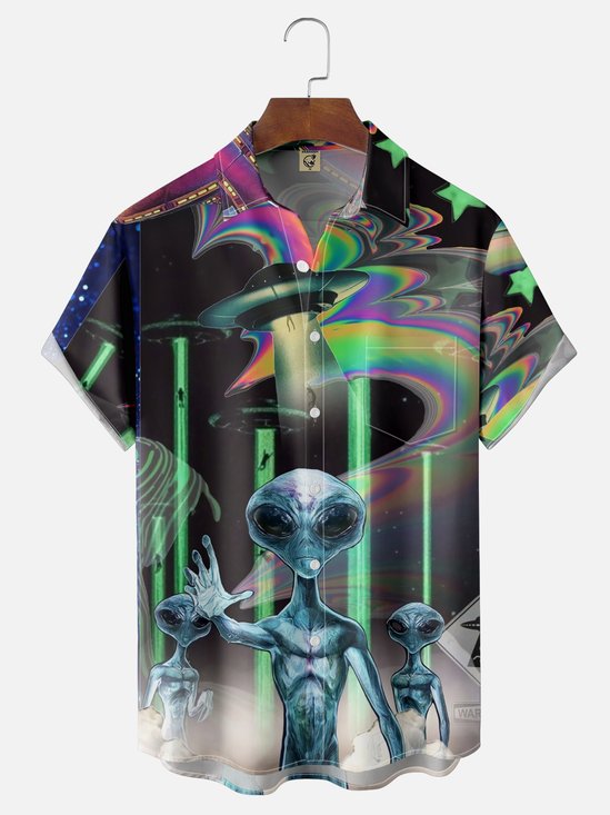 Moisture-wicking UFO Alien Spaceship Chest Pocket Casual Shirt