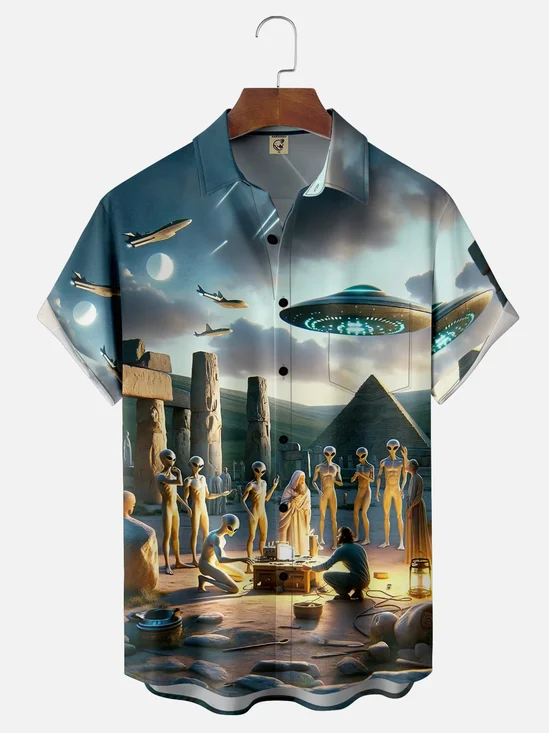 Moisture-wicking New Jersey UFO Alien Spaceship Chest Pocket Casual Shirt