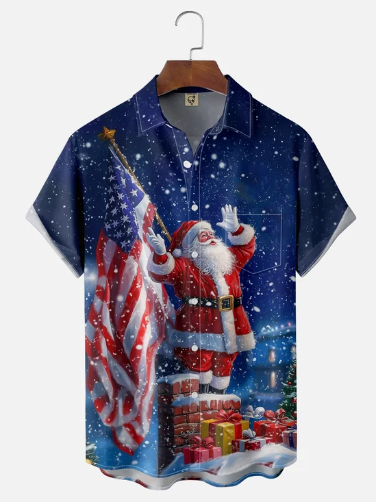 Moisture-wicking American Flag Christmas Santa Chest Pocket Patriotic Shirt