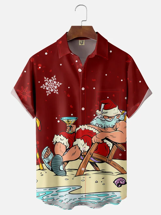 Moisture-wicking Christmas Santa Claus On the Beach Chest Pocket Holiday Shirt