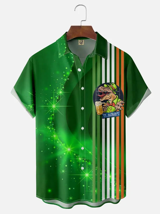 Moisture-wicking St. Patrick's Day Dino Beer Irish Green Chest Pocket Bowling Shirt