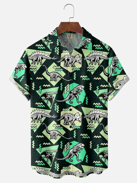 Moisture-wicking Dinosaur Fossil Geometric Pattern Chest Pocket Casual Shirt