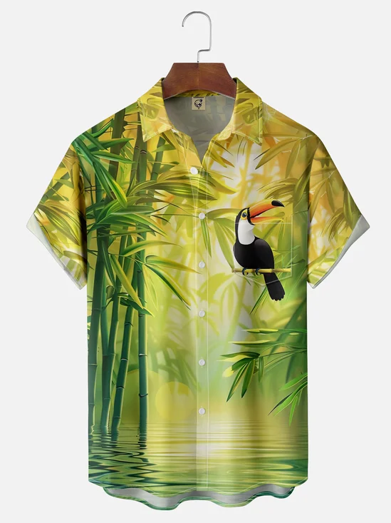 Moisture-wicking Bamboo Forest Leaves Toucan Parrot Chest Pocket Hawaiian Shirt