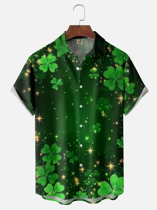 Moisture-wicking St. Patrick's Day Four Leaf Clover Green Art Chest Pocket Hawaiian Shirt